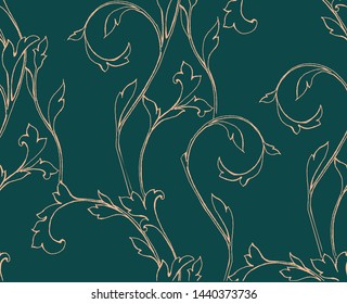Pattern with branch with leaves, floral pattern, drawing by line, green and gold