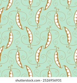 Pattern with branch of Pea pods gold contour , on green pastel background.