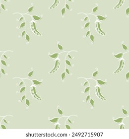 Pattern with branch of Pea pods , on green pastel background. Vector illustration