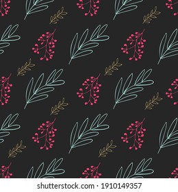 Pattern of a branch with red berries with a gold and green twig on a black background