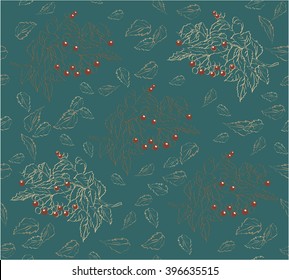 Pattern with a branch and ripe, red berries of viburnum on a green background