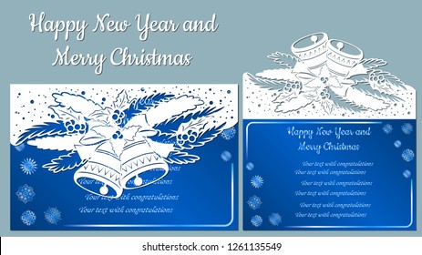 Pattern, branch with snowflakes and bell. Christmas invitation with a snowflake and a Christmas toy. Vector. Cliche. Merry Christmas and New Year, 2019. For laser cutting, plotter and silkscreen