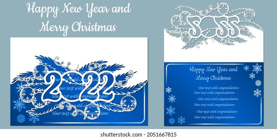 Pattern, branch with snowflakes. Christmas invitation with a snowflake and a Christmas toy. Vector. Cliche. Merry Christmas and New Year. For laser cutting, plotter and silkscreen printing, 2022...