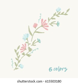 Pattern branch with wildflowers embroidery design for clothing. Nature flowers embroidery patch vector decoration. 