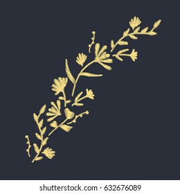 Pattern branch with wildflowers embroidery design for clothing. Nature flowers embroidery patch vector decoration. 