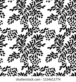 Pattern of branches, flowers and leaves. Black and white seamless vector pattern. The pattern perfectly suits as a print on fabric, wallpaper, packaging and all that is enough for your imagin