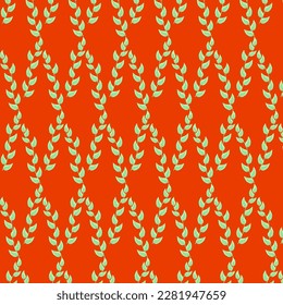 Pattern branches with green leaves on orange background. For fabrics, background , wall paper, wrapping, poster or banner. Vector illustration.