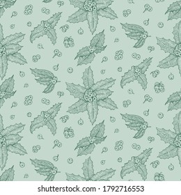Pattern with branches of holly. Graphic hand drawn engraving style.   Christmas botanical illustration for invitations, greeting cards, posters, prints.