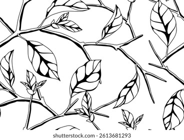 Pattern with branches and leaves. Spring or summer stylized foliage.