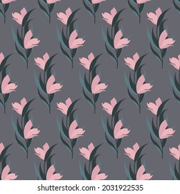 Pattern with branches of pink flowers. Vector illustration on a gray background. For use in prints, packaging, covers, flyers and price tags, for fabric stores.