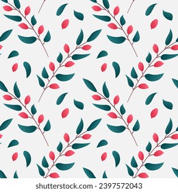 Pattern of branches with red wild berries. Cranberry or rosehip. Green foliage. Twig. Plant, botany. Gradient colors. Seamless simple print on a gray background. Vector illustration.