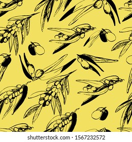 Pattern with branches of sea buckthorn, liner. Natural tea with sea buckthorn, healthy, natural organic product. Vitamins, winter, autumn tea, sea buckthorn berries on a yellow isolate. Package design
