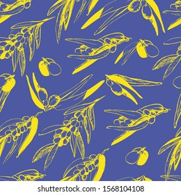 Pattern with branches of sea buckthorn, liner. Natural tea with sea buckthorn, a natural healthy organic product. Vitamins, winter or autumn tea Package design.  Sea buckthorn berries on blue isolated. 