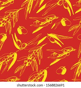 Pattern with branches of sea buckthorn, liner. Natural tea with sea buckthorn, healthy, natural organic product. Vitamins, winter, autumn tea, sea buckthorn berries on an orange isolate. Package 