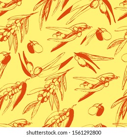 Pattern with branches of sea buckthorn, orange sea buckthorn. Natural tea with sea buckthorn, a healthy, natural organic product. Sea buckthorn background on a yellow isolate. Design packaging