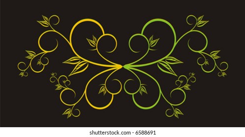 Pattern from branches of yellow and green color on a black background
