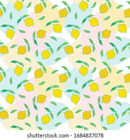 pattern of branches with yellow lemons and green leaves on the background of colorful spots, fresh juicy, botany vector doodle line illustration, for design of paper, wallpaper, textile
