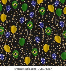 Pattern with Brazil flag on balloons and golden stars.Celebration background For independence day or Brazil summer game.For poster,greeting card design.Vector illustration.