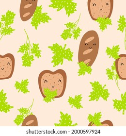 A pattern with bread and parsley. Seamless pattern with useful products for the design of fabrics, clothing, wallpaper. Kawaii with bread and parsley. Cute set for printing in a cafe.