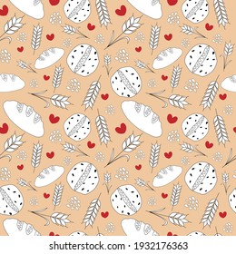 Pattern with bread, wheat and seeds. Endless texture on peach background.  For bakers, visiting cards, homemade bakery, wrapping paper.