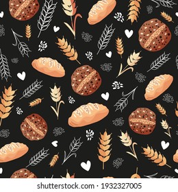 Pattern with bread, wheat and seeds. Endless texture on black background.  For homemade bakery, wrapping paper, textile print.
