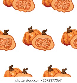 pattern with bright autumn icons of a cut round pumpkin with seeds in it, for autumn designs or patterns and packaging