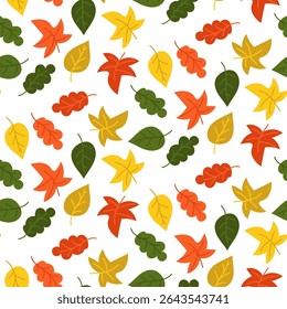 Pattern with bright autumn leaves. Flat color illustration in a seamless texture. Autumn mood. For packaging, postcards, fabrics, wallpapers, websites, seasonal printing, and advertising materials