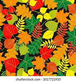 Pattern with bright autumn leaves on a black background