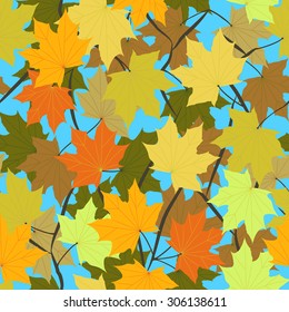 Pattern from bright autumn maple leaves on a blue background. Vector illustration.