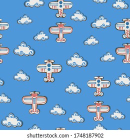 Pattern bright beautiful children`s plane and clouds