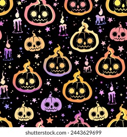 Pattern of bright and burning smiling Halloween pumpkins and burning candles. Vector seamless illustration