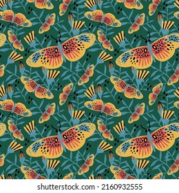 Pattern with bright butterflies. A pattern with fluttering butterflies among the foliage. Colored winged moths for textiles. Vector illustration