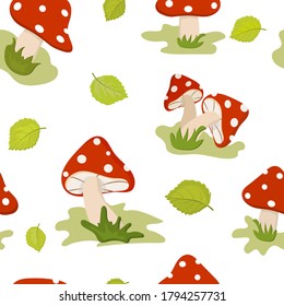 Pattern with bright cartoon fly agarics and leaves on a white background.