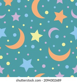 Pattern. Bright children s seamless pattern with the image of multi-colored moon and stars. Night pattern with a crescent moon and stars, for print and gift wrapping. Vector