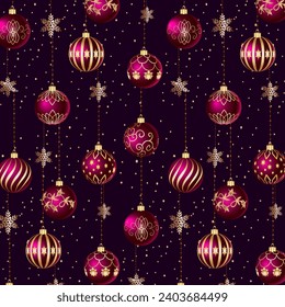 Pattern with bright Christmas balls.Vector seamless pattern with beautiful Christmas balls and golden snowflakes.