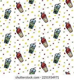 Pattern of bright cocktails and ingredients. Seamless endless image on a white background. Design for paper, web, cover, fabric, t-shirt, poster, print, artwork, etc.