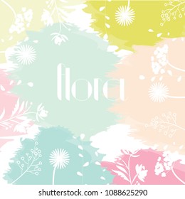 Pattern with bright colored leaves and flowers on a white background.