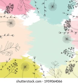 Pattern with bright colored leaves and flowers on a white background.