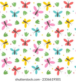 Pattern with bright colorful butterflies, leaves, minimalism, simple childish pattern, vector 