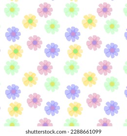Pattern with bright colorful daisies, naive flowers isolated on white background