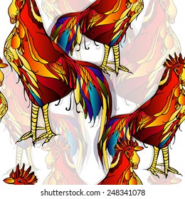 Pattern with bright, colorful, decorative rooster on a white background. Vector.
