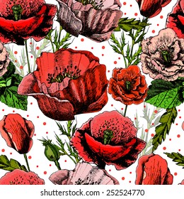 pattern with bright colorful poppies. Hand drawing, vector.