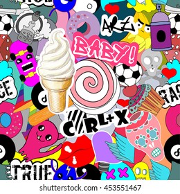 Pattern bright colorful stickers characters vector seamless background, funny graffiti, street art style