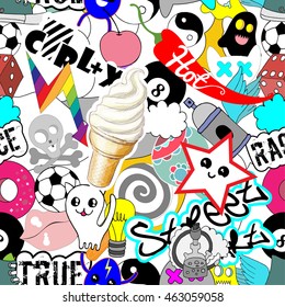Pattern bright colorful stickers characters vector seamless background, funny graffiti, street