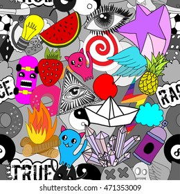 Pattern bright colorful stickers characters vector seamless background, funny graffiti, street art style