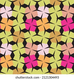 Pattern in bright colors. Geometric flower print with a black background. Vector illustration. Seamless pattern.