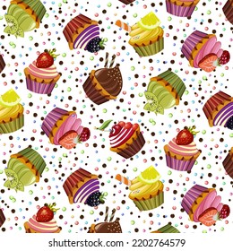 Pattern with bright cupcakes.Sweet cupcakes with berries in a vector pattern on a multi-colored background.
