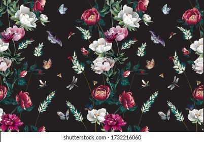 Pattern with bright different peony flowers in floral stripe with grass and leaves and bottoms and insects -ladybugs,bees, butterflies, dragonflies on black background