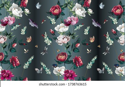 Pattern with bright different peony flowers in floral stripe with grass and leaves and bottoms and insects -ladybugs,bees, butterflies, dragonflies on striped background