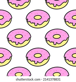 A pattern of bright donuts on a white background in pop art style for print and design. Vector clipart.